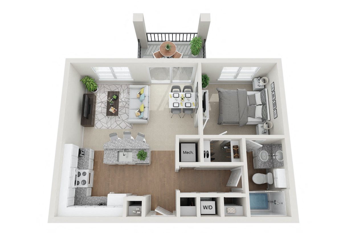Floor plan for 1 bed, 1 bath, 733 sqft
